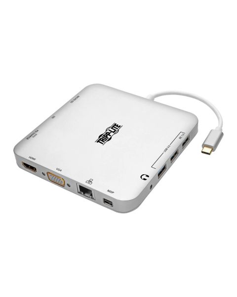 Tripp Lite USB-C Laptop Docking Station w/ mDP, HDMI, VGA, GbE, 4K @ 30 Hz, Thunderbolt 3 - USB-A, PD Charging, Silver