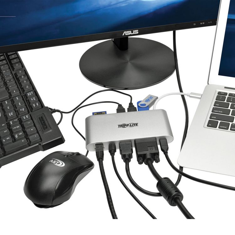 Tripp Lite USB C Docking Station w/DVI, HDMI, VGA, DP, MDP, USB A, Gigabit Ethernet, Mem Card, 3.5 mm & USB-C PD Charging, 3840 x 2160 @ 30Hz