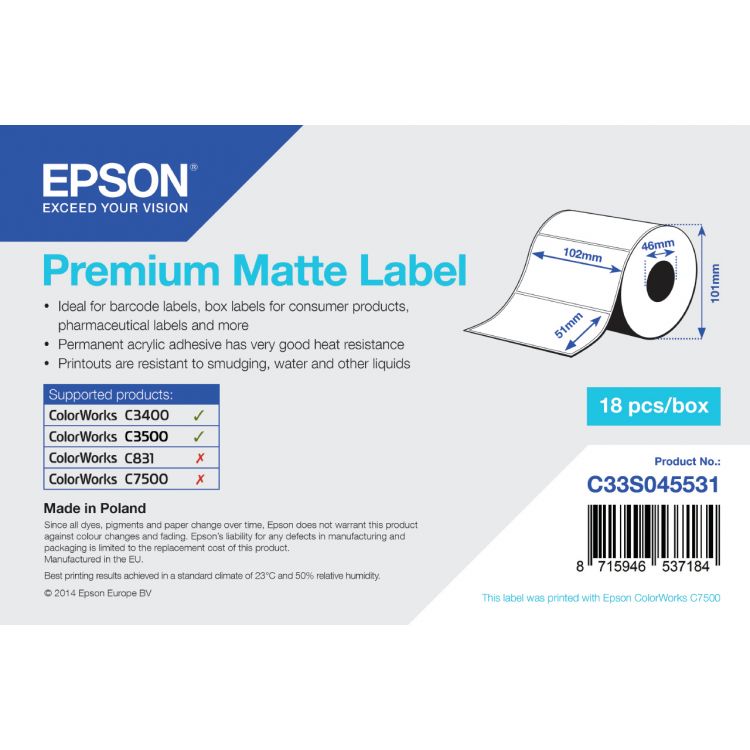 Epson Premium Matte Label - Die-cut Roll: 102mm x 51mm, 650 labels